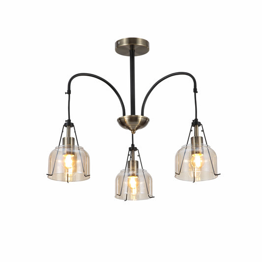 Amber Glass Black and Antique Brass Suspended Chandelier Ceiling Light E27