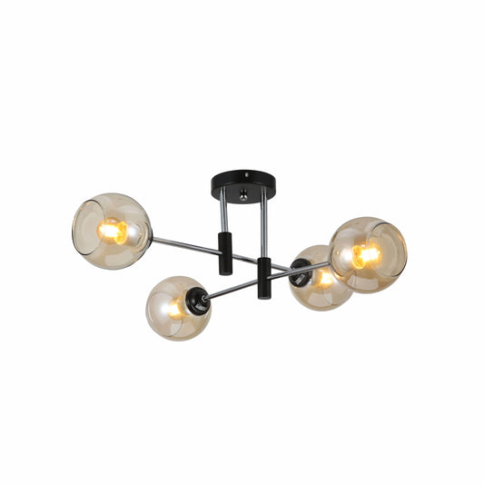 Amber Glass Globe Chrome and Black Metal Semi Flush Ceiling Light E27