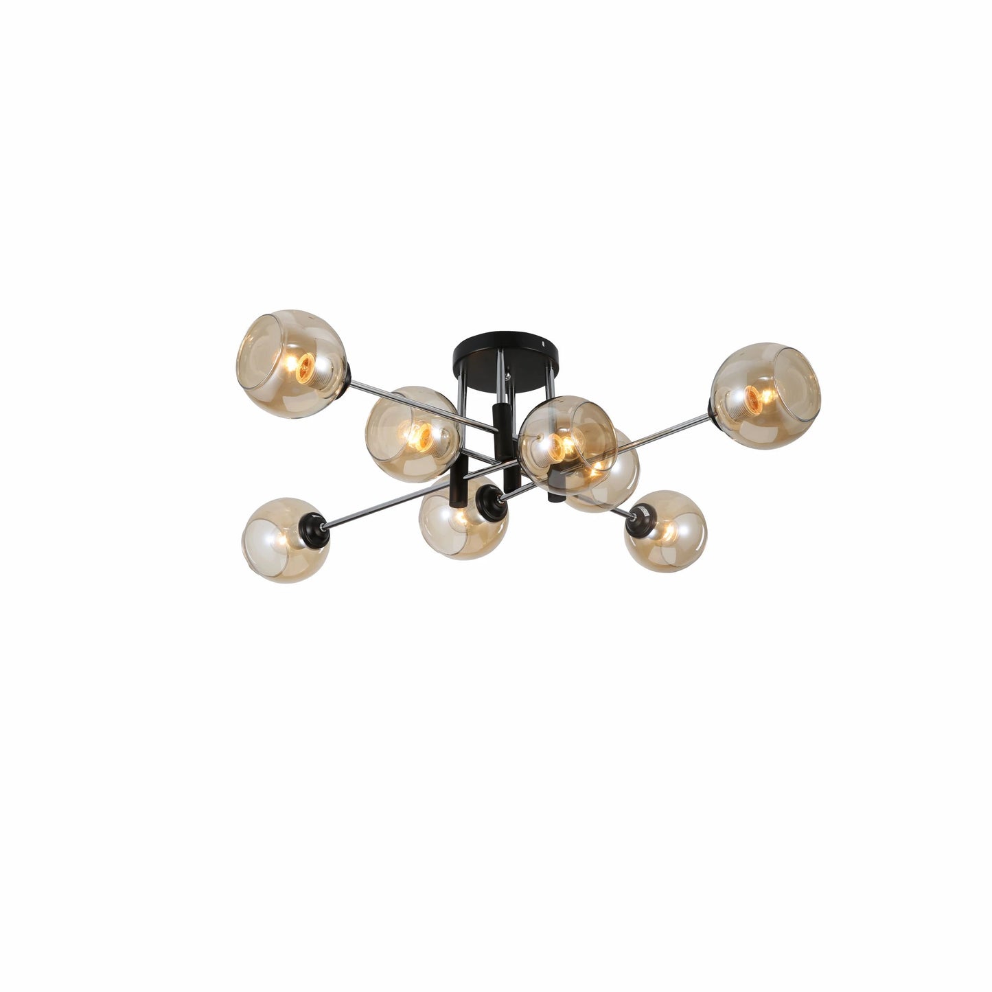 Amber Glass Globe Chrome and Black Metal Semi Flush Ceiling Light E27