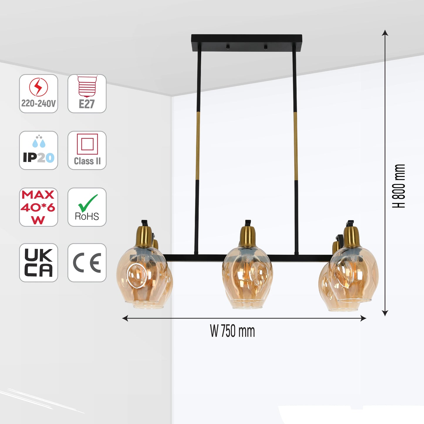 Amber Cone Glass Black Gold Metal Body Island Chandelier Ceiling Light 6xE27 Fitting
