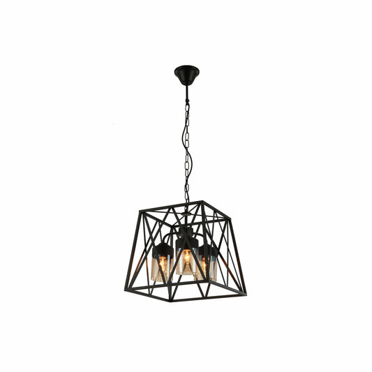 Black Metal Body Amber Cylinder Glass Cage Cuboid Chandelier Ceiling Light 3xE27