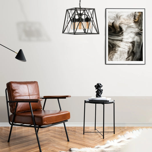 Black Metal Body Amber Cylinder Glass Cage Cuboid Chandelier Ceiling Light 3xE27