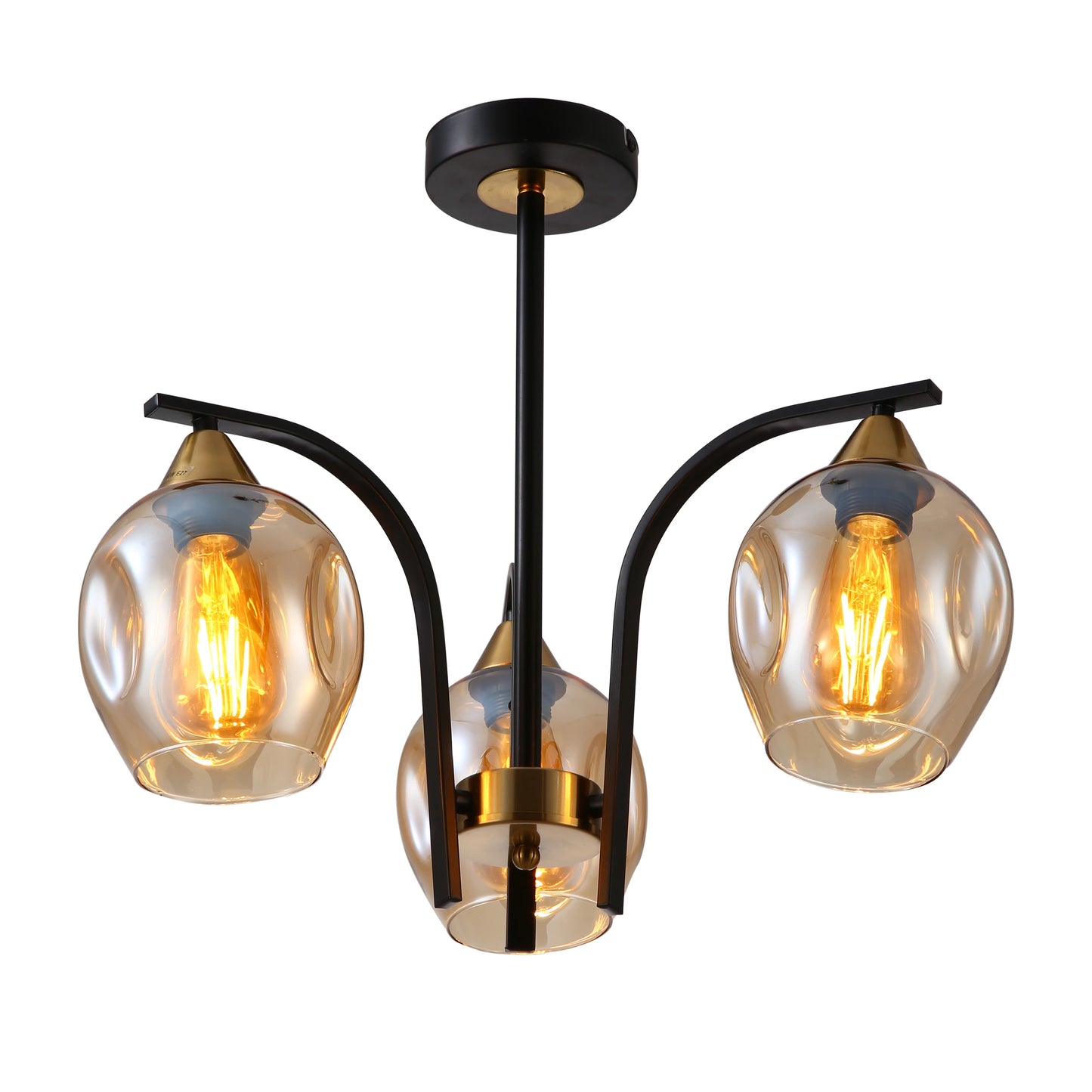 Snowdrop Amber Glass Black Body Semi Flush Ceiling Light E27