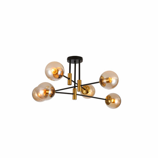 Opal Clear Amber Glass Globe Gold and Black Metal Semi Flush Ceiling Light E27