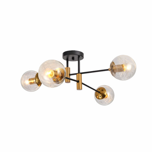 Opal Clear Amber Glass Globe Gold and Black Metal Semi Flush Ceiling Light E27
