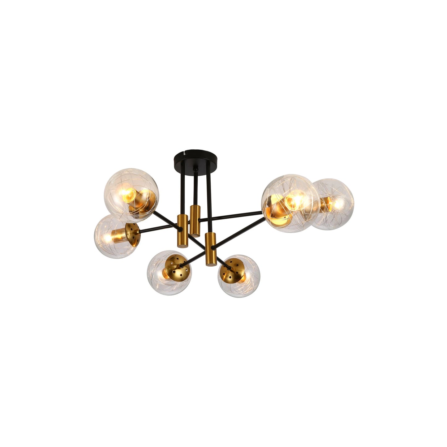Opal Clear Amber Glass Globe Gold and Black Metal Semi Flush Ceiling Light E27