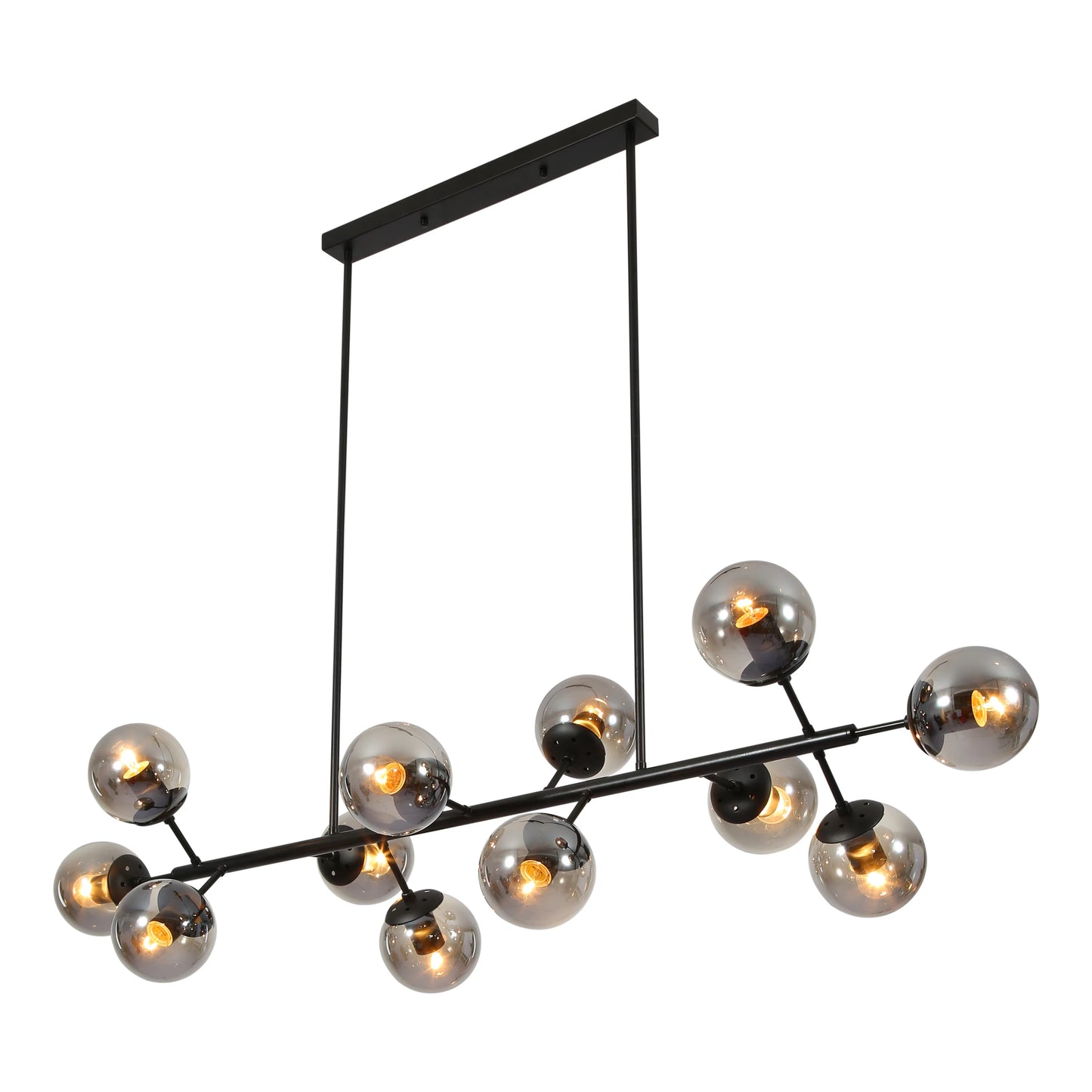 Modern Molecule Style Amber Smoky Opal Glass Globe Gold Black Metal Body Island Chandelier Ceiling Light