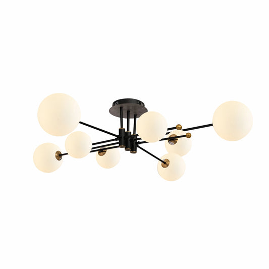 White Globe Glass Black Rod Body Semi Flush Ceiling Light 8xG9
