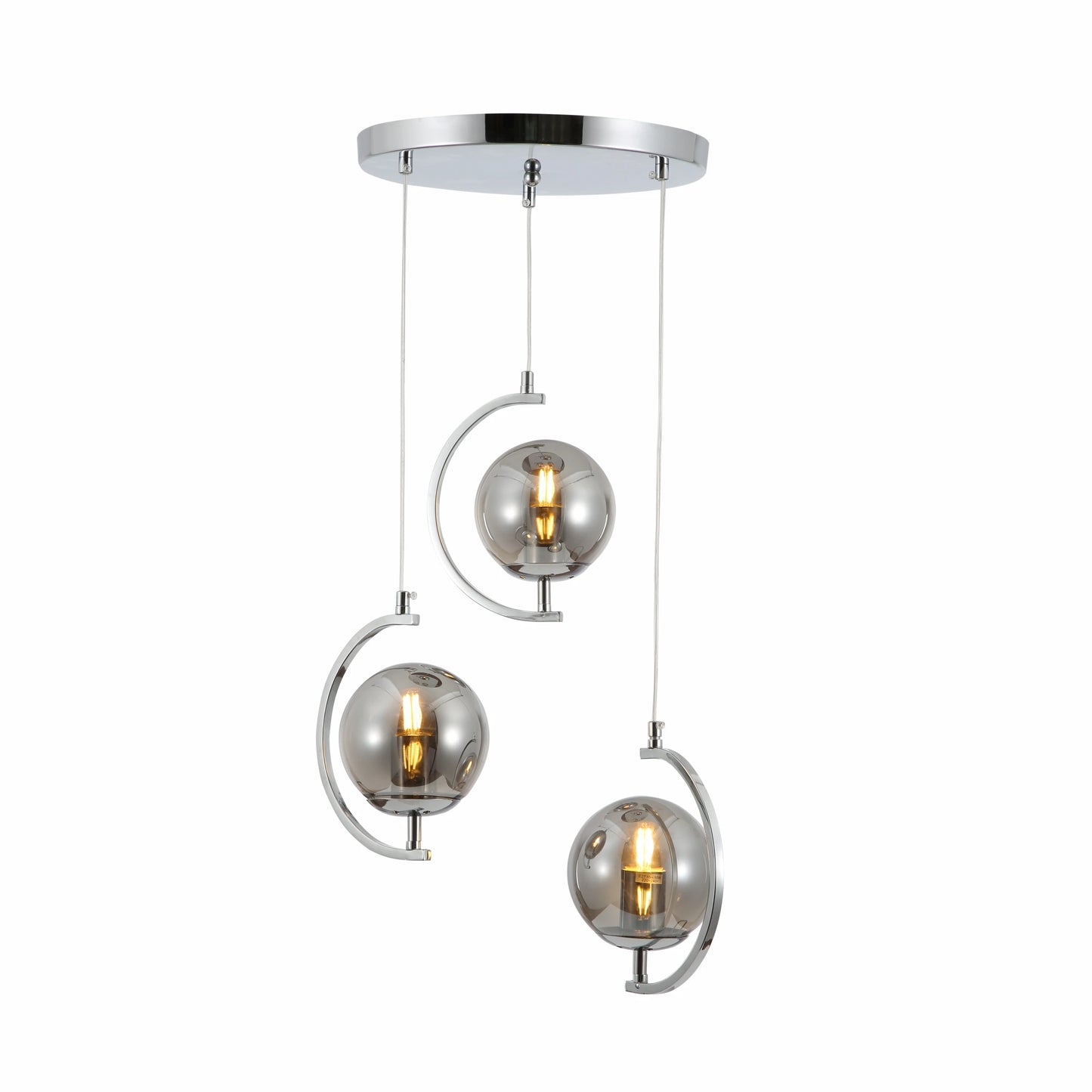 Amber or Smoky Glass Globe Crescent Gold or Chrome Metal Modern Ceiling Pendant Light