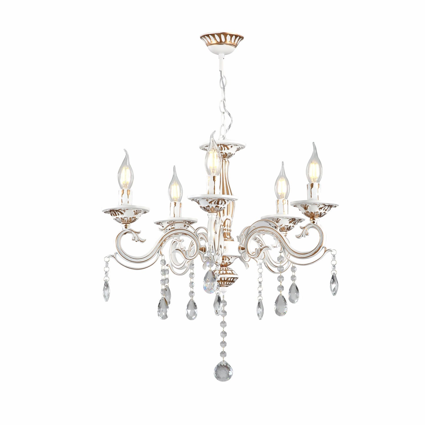 Traditional French Vintage Retro Candle Metal and Crystal Gold Aged Cream Arm Chandelier Ceiling Light E14