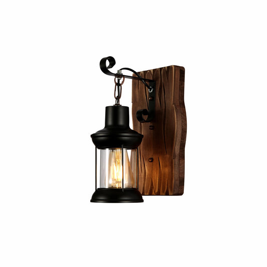 Farmhouse Rustic Iron and Wood Glass Cylinder Wall Light E27