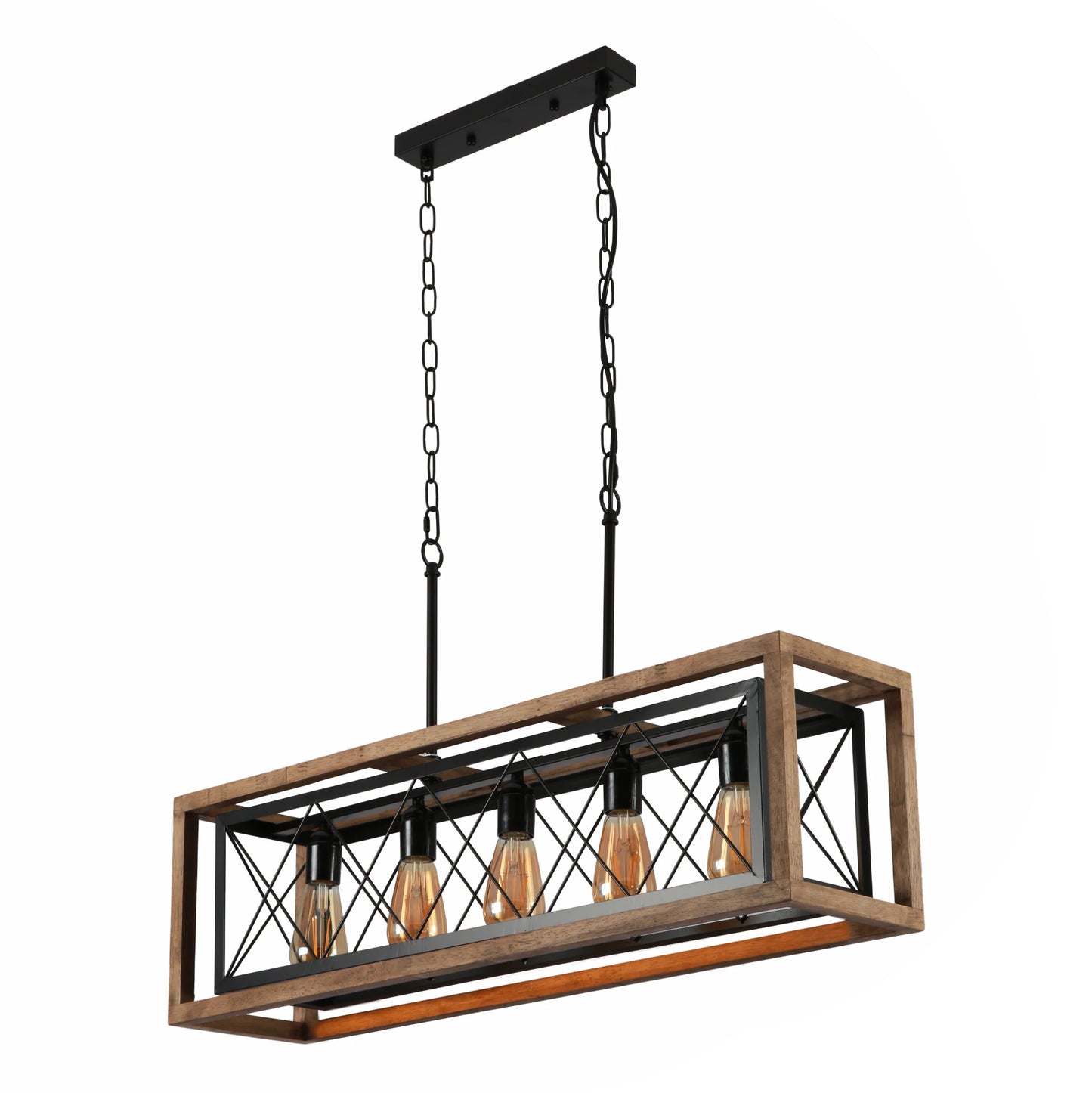 Black Metal Cage Old Wood Cuboid Kitchen Island Chandelier Ceiling Light 5xE27