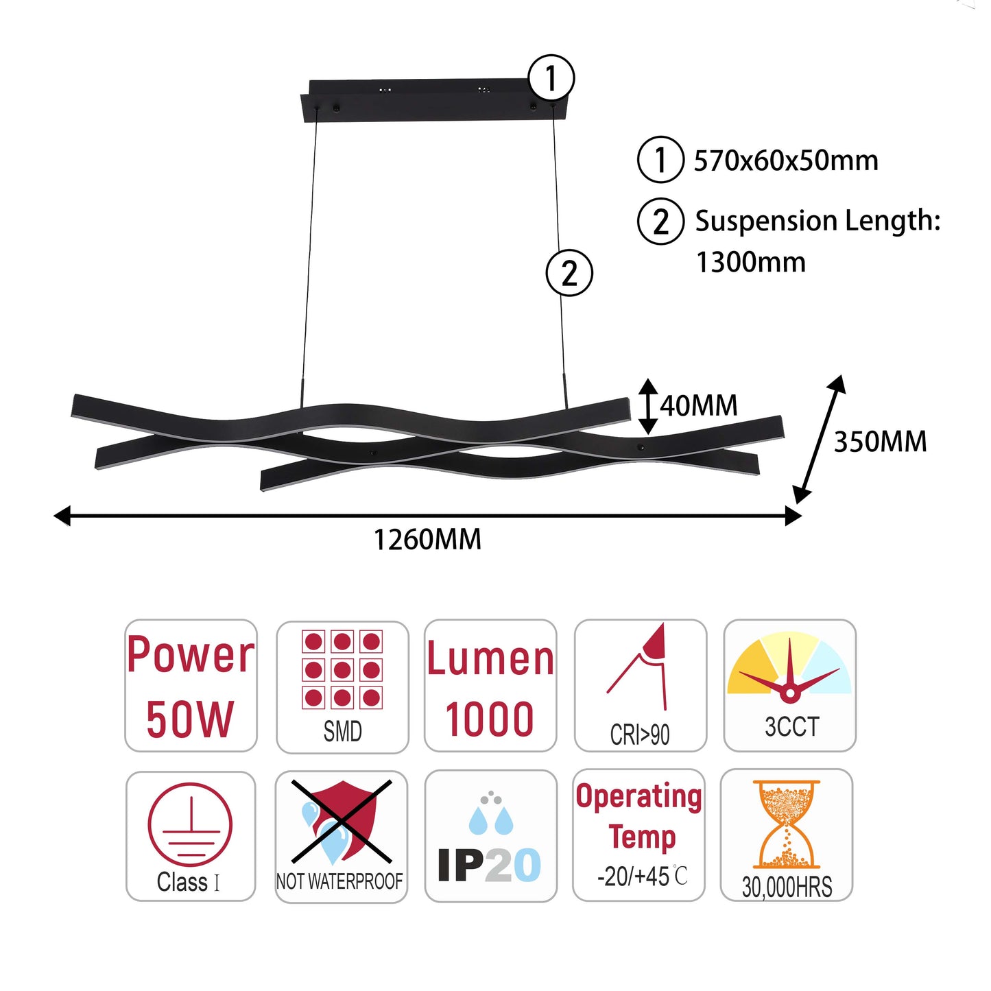 Modern Black LED Chandelier, Adjustable Pendant Light, 3CCT