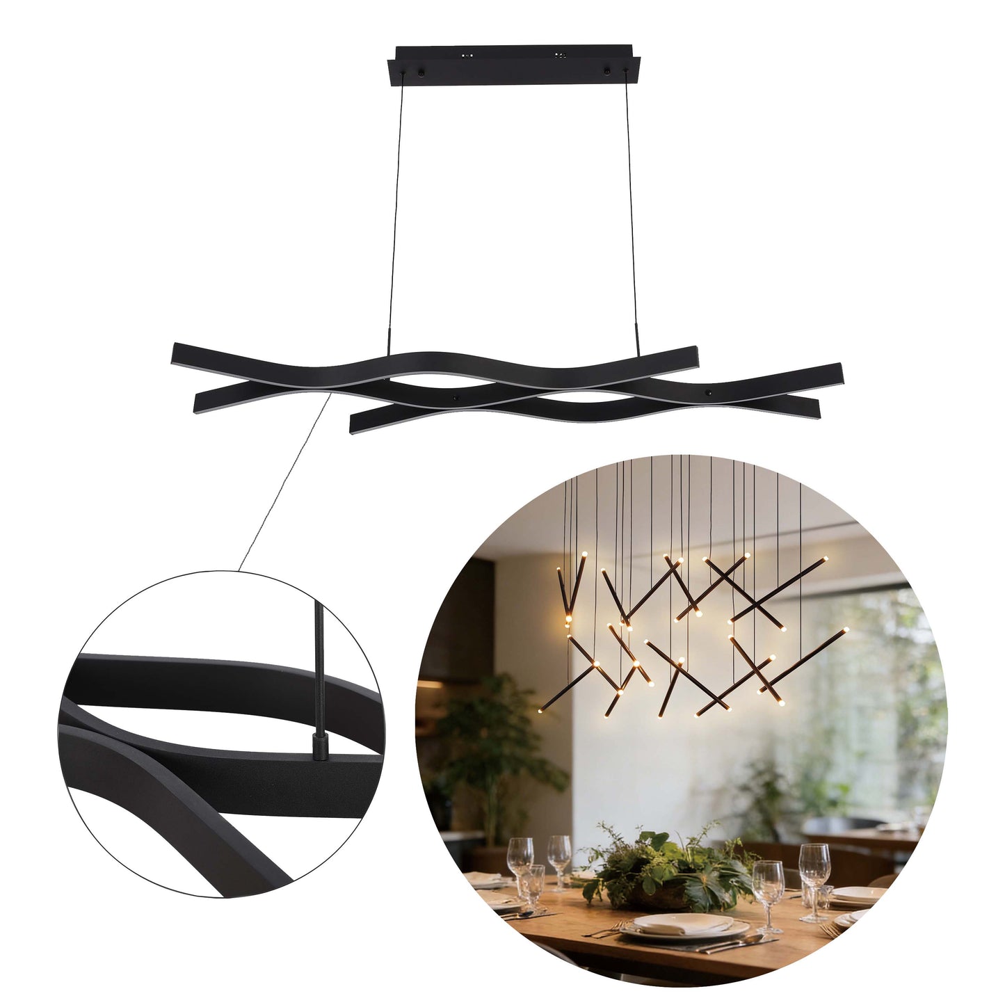 Modern Black LED Chandelier, Adjustable Pendant Light, 3CCT