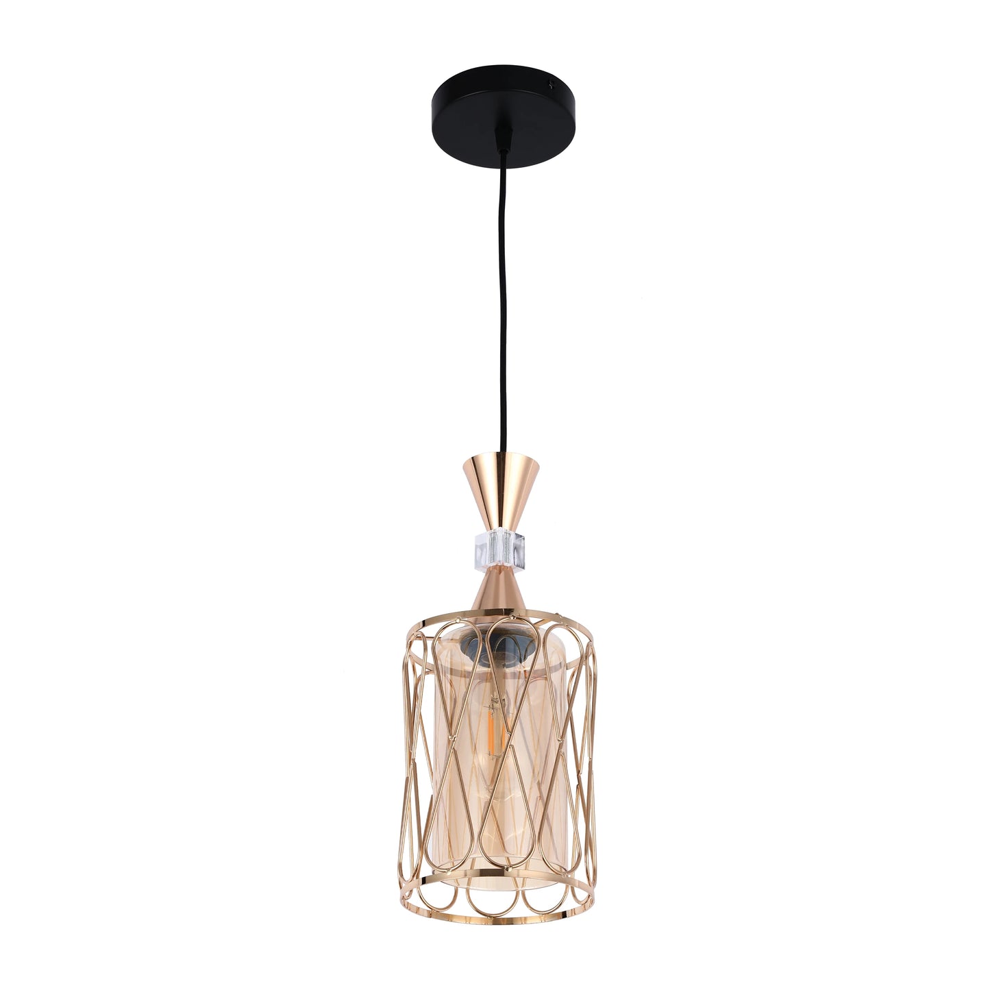 Amber and Gold Cage Modern Cylindrical Pendant Light E27