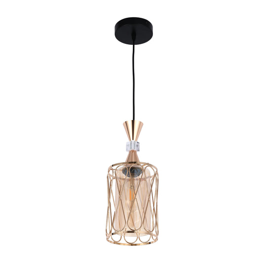 Amber and Gold Cage Modern Cylindrical Pendant Light E27