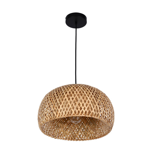 Black and Natural Woven Bamboo Dome Pendant Light - E27, Adjustable Suspension