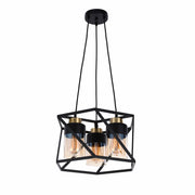 3-Light Black & Gold Pendant Light with Cylinder Amber Glass Shades