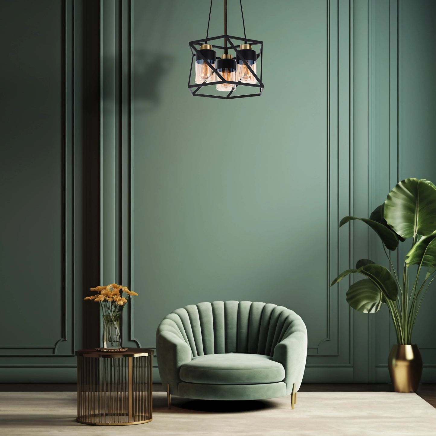 3-Light Black & Gold Pendant Light with Cylinder Amber Glass Shades