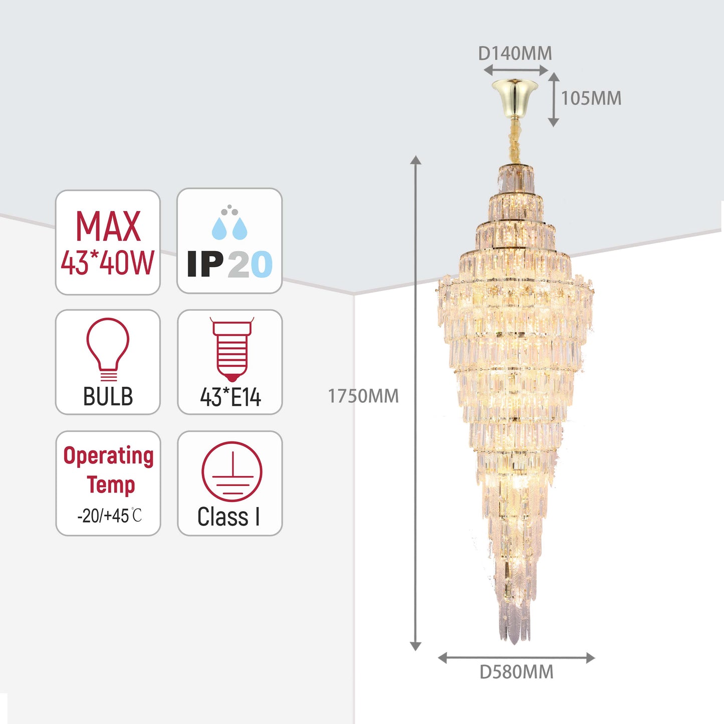 Lyustra M2026 43xE14 GOLD 580mm*H1750mm