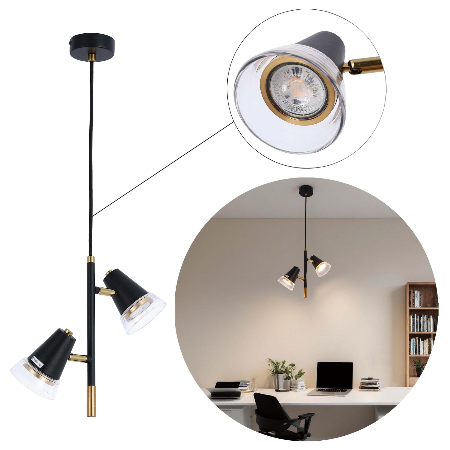 Modern Black & Brass Multi-Arm Spotlight, GU10 Dimmable
