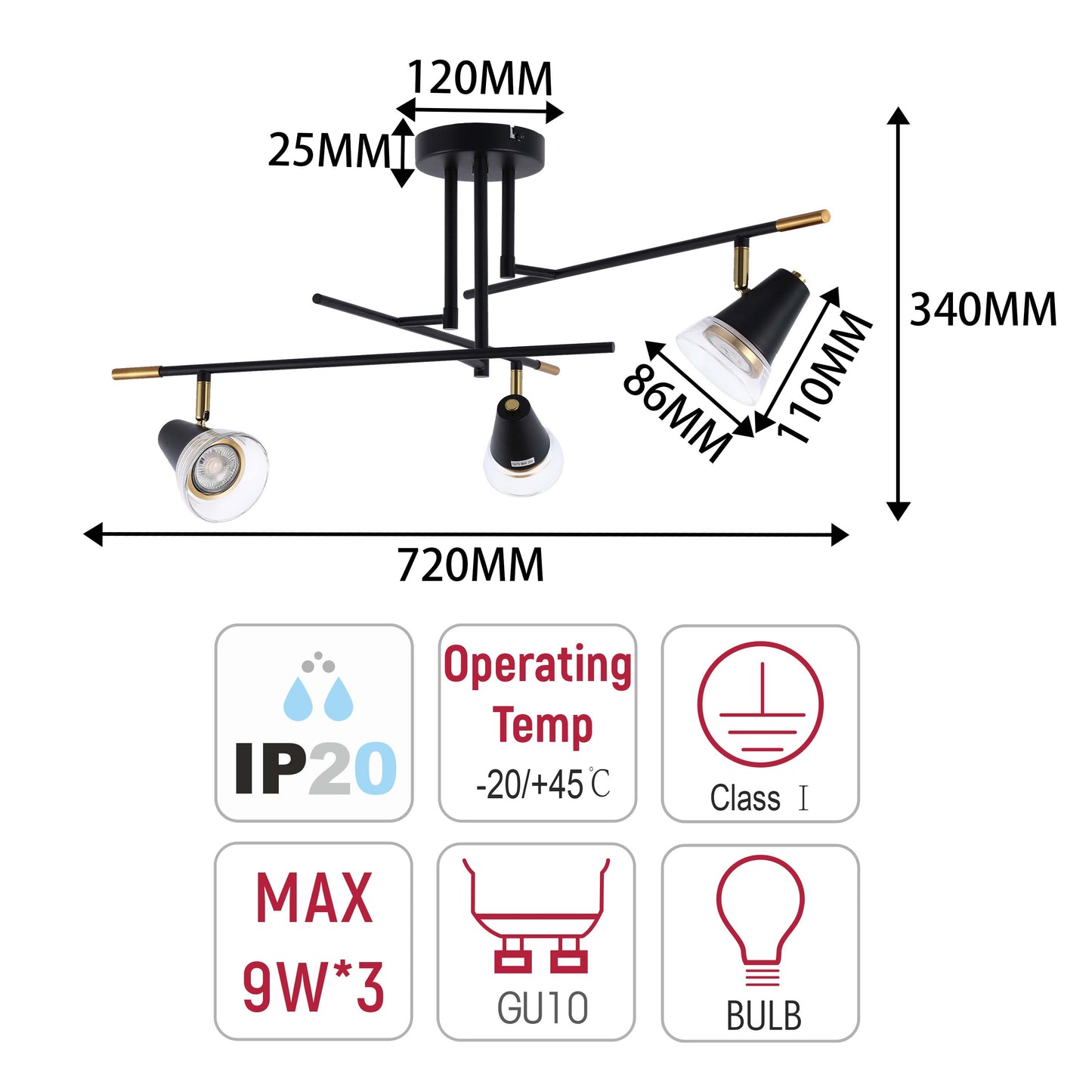Modern Black & Brass Multi-Arm Spotlight, GU10 Dimmable