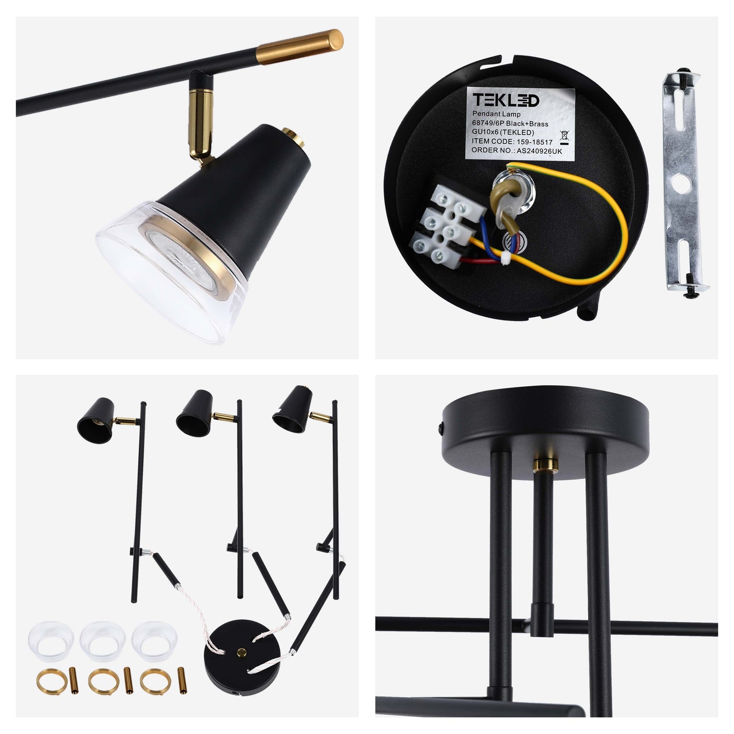 Modern Black & Brass Multi-Arm Spotlight, GU10 Dimmable