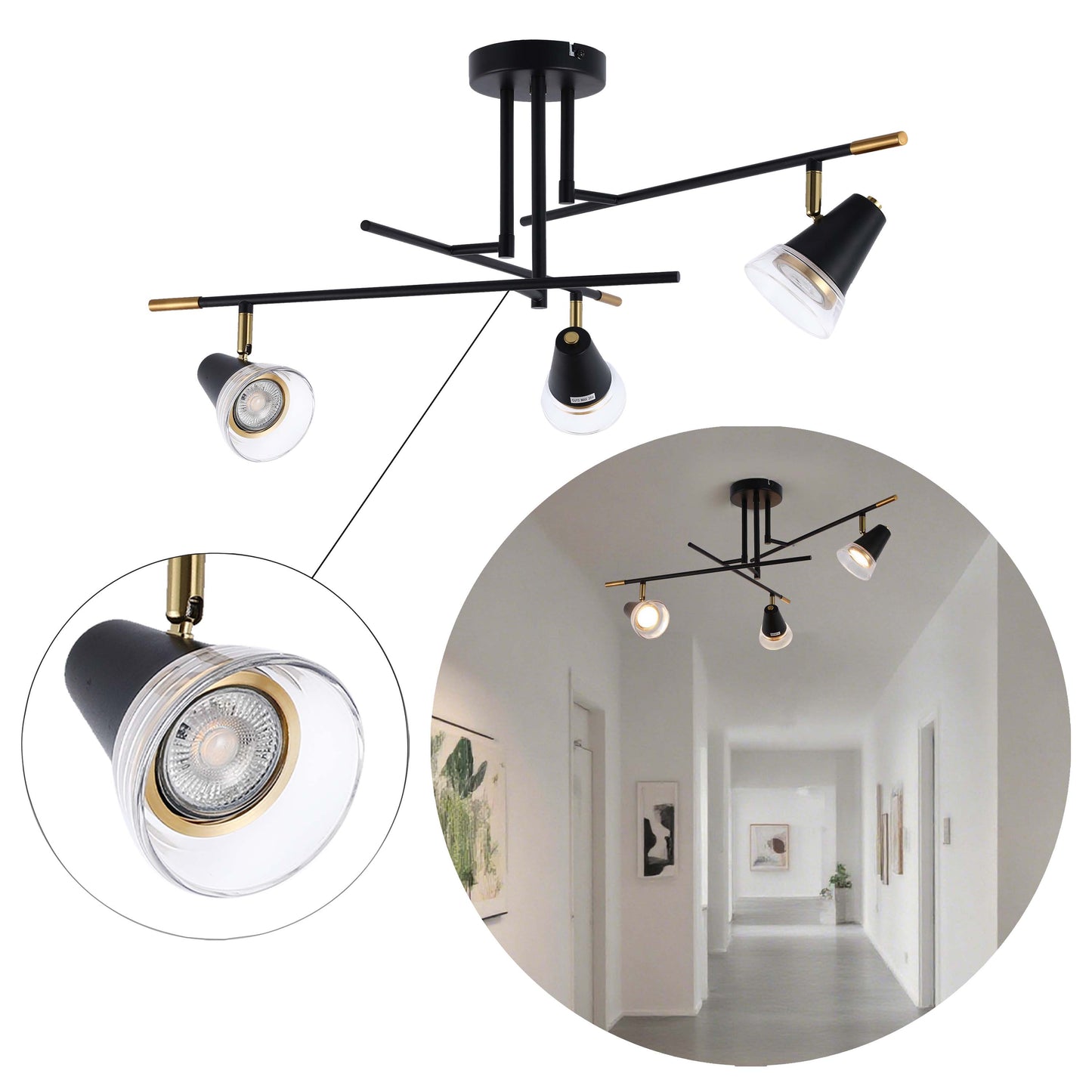 Modern Black & Brass Multi-Arm Spotlight, GU10 Dimmable