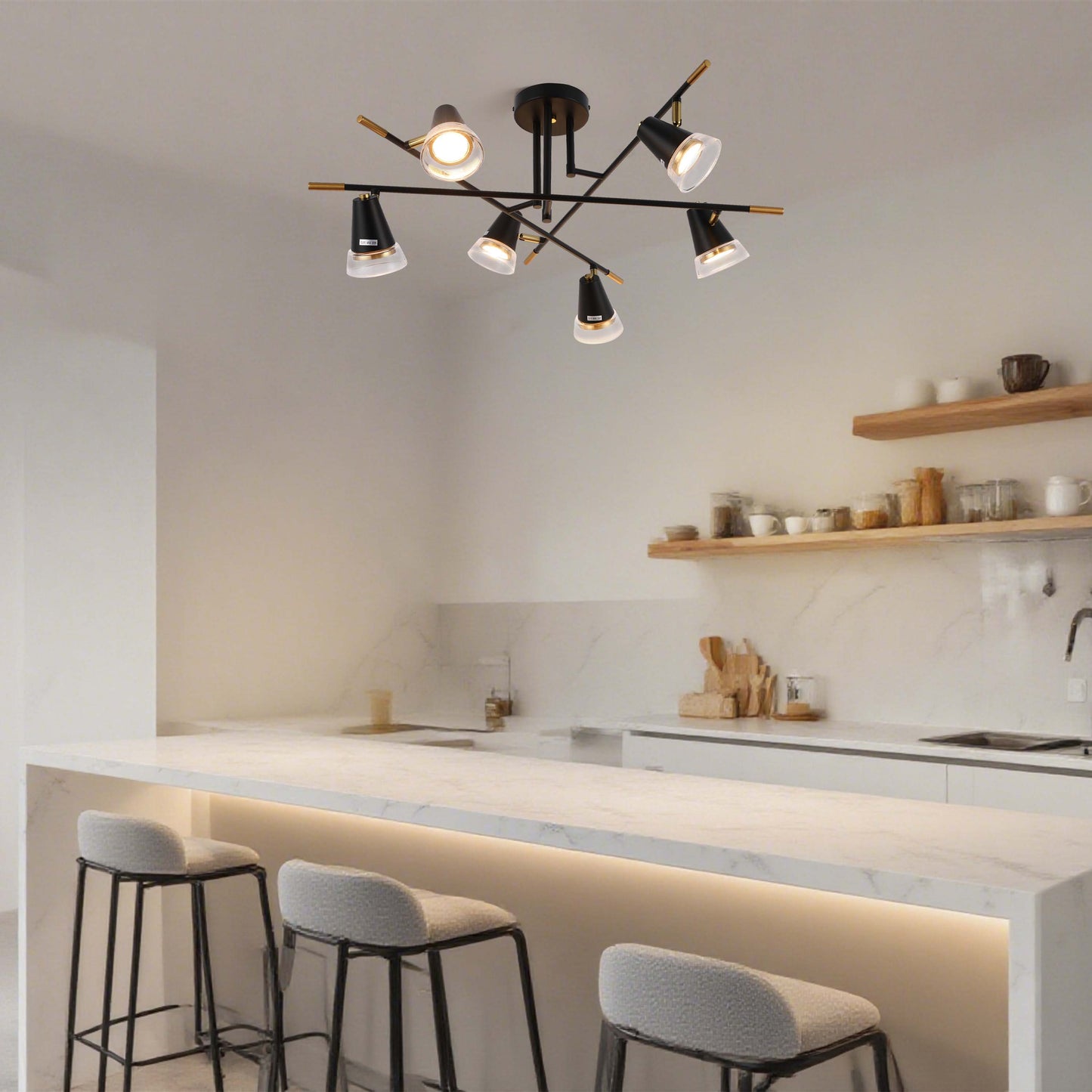 Modern Black & Brass Multi-Arm Spotlight, GU10 Dimmable