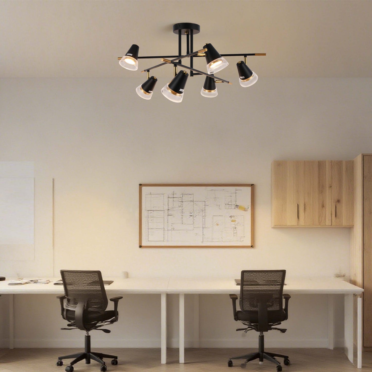 Modern Black & Brass Multi-Arm Spotlight, GU10 Dimmable