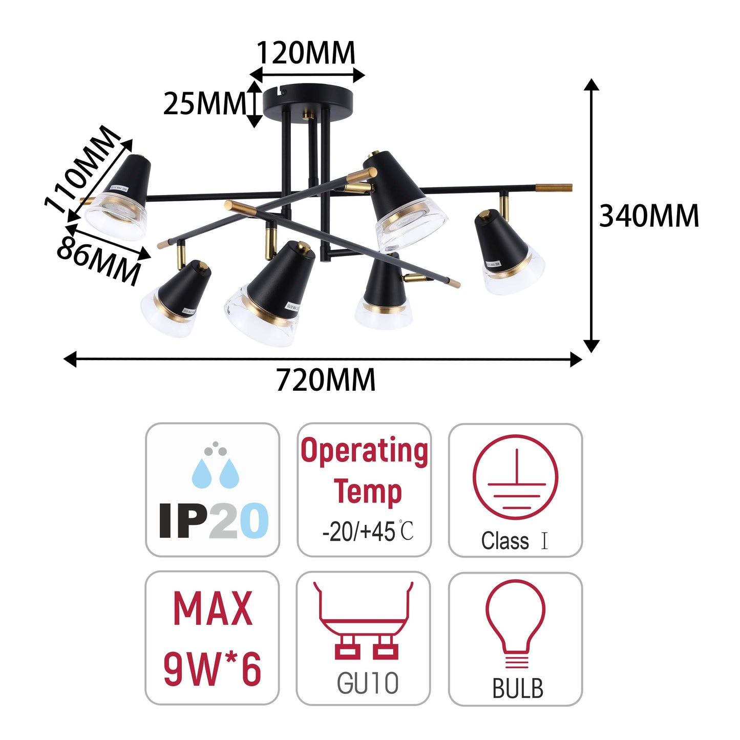 Modern Black & Brass Multi-Arm Spotlight, GU10 Dimmable