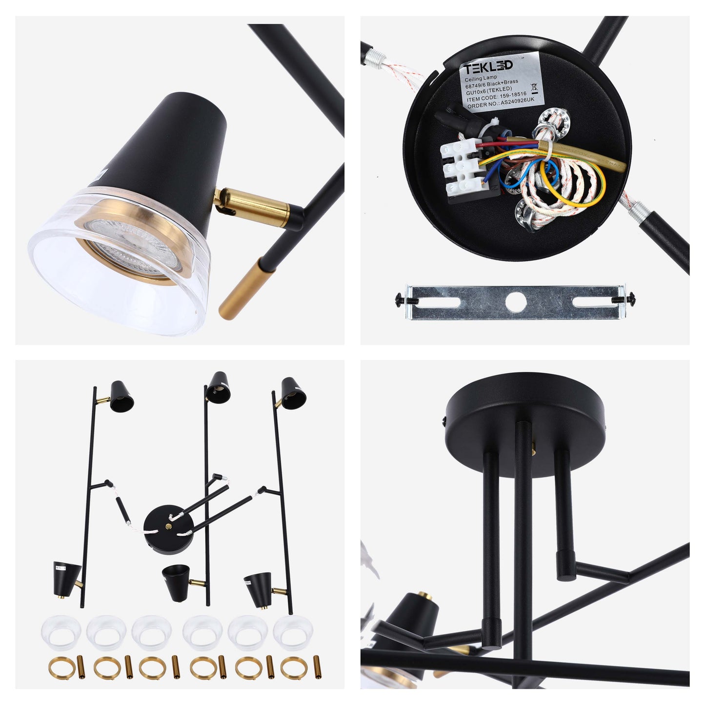 Modern Black & Brass Multi-Arm Spotlight, GU10 Dimmable