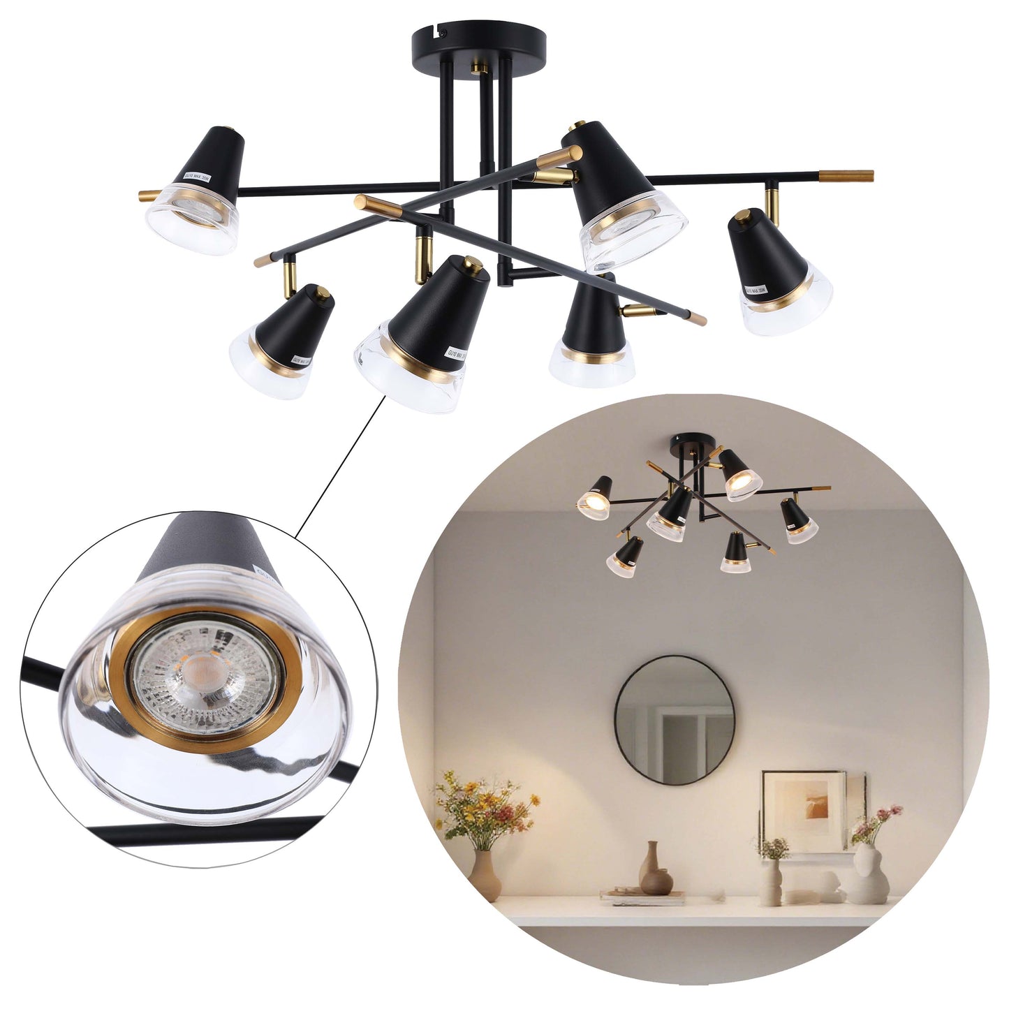 Modern Black & Brass Multi-Arm Spotlight, GU10 Dimmable