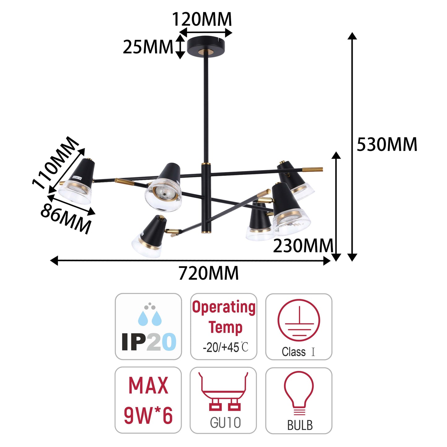 Modern Black & Brass Multi-Arm Spotlight, GU10 Dimmable