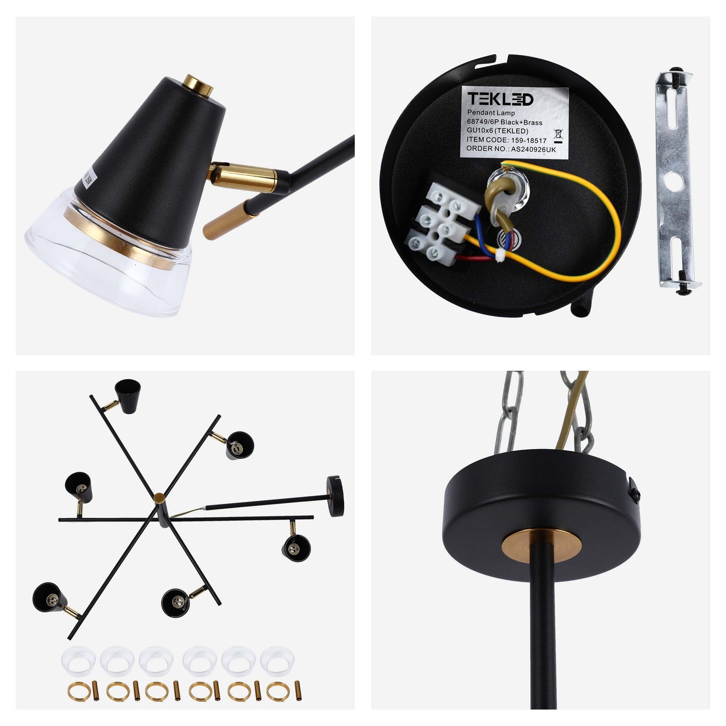 Modern Black & Brass Multi-Arm Spotlight, GU10 Dimmable