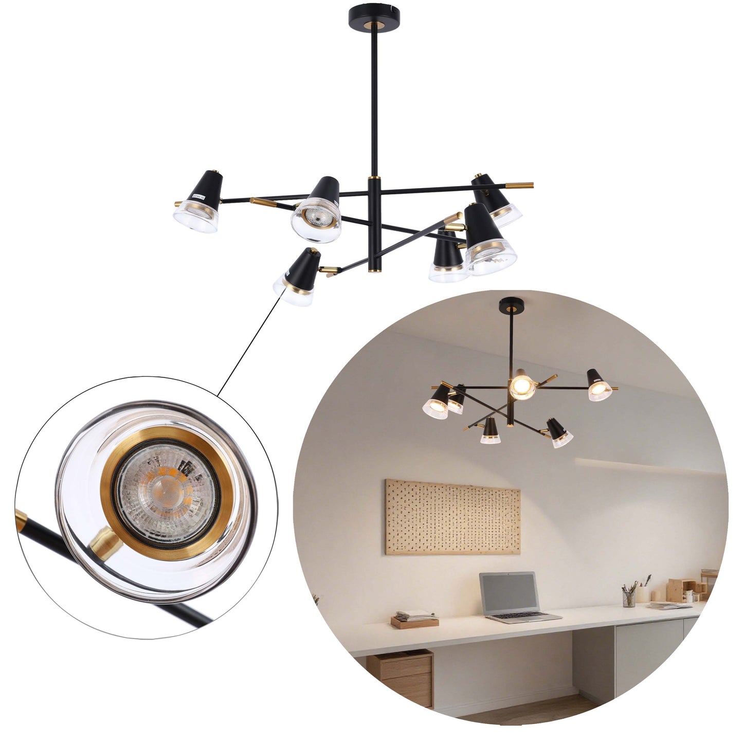 Modern Black & Brass Multi-Arm Spotlight, GU10 Dimmable