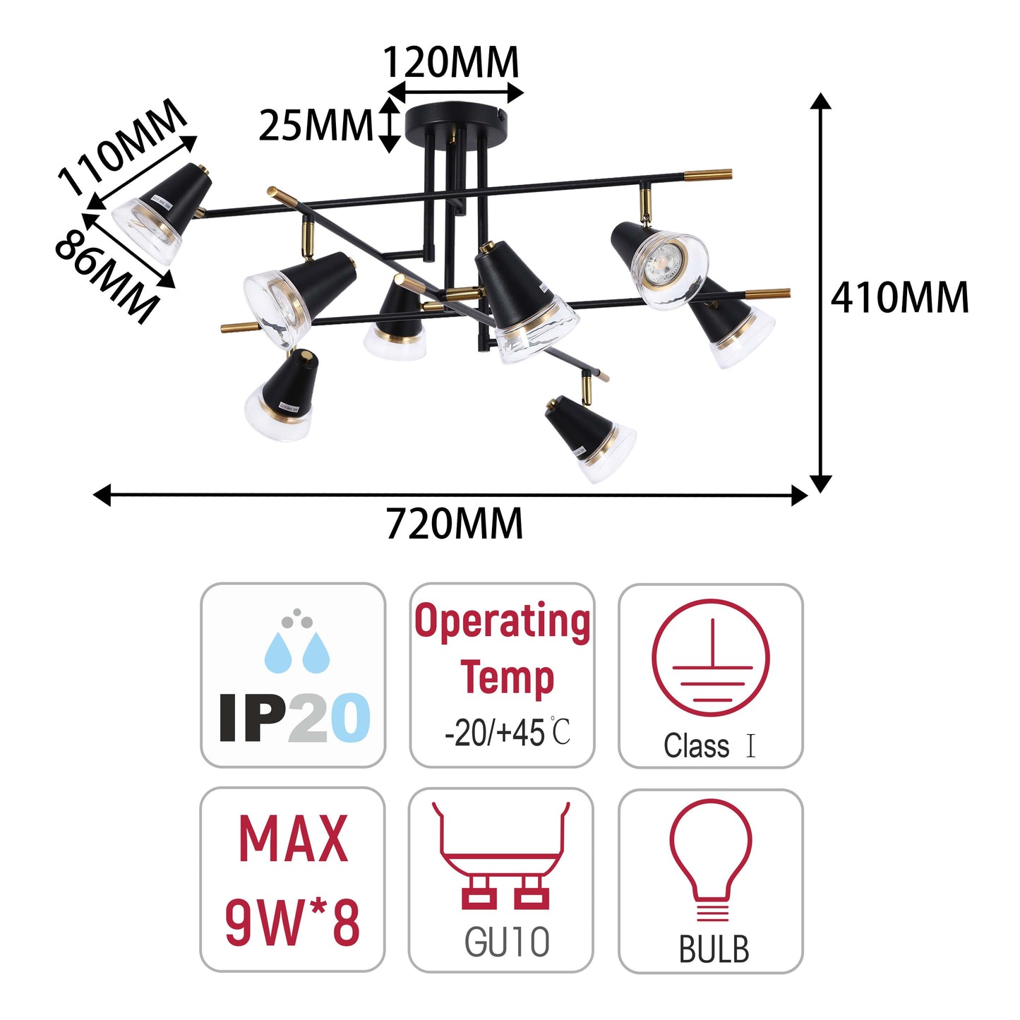 Modern Black & Brass Multi-Arm Spotlight, GU10 Dimmable