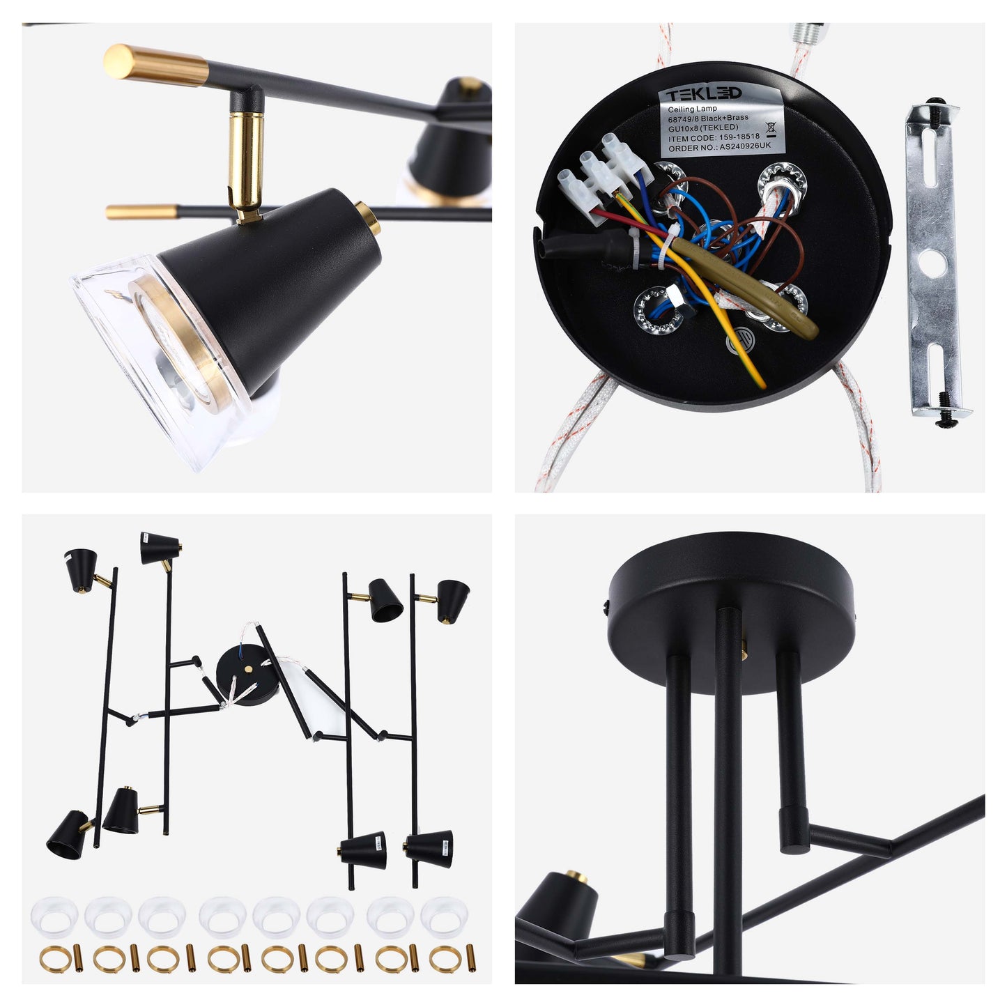 Modern Black & Brass Multi-Arm Spotlight, GU10 Dimmable