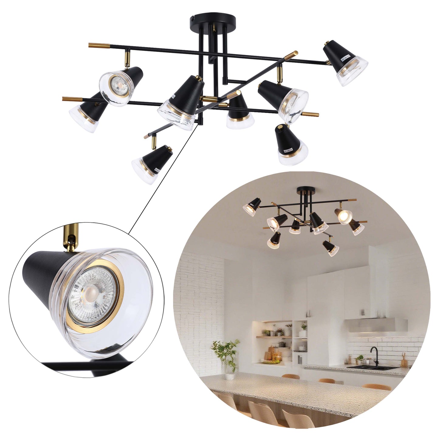 Modern Black & Brass Multi-Arm Spotlight, GU10 Dimmable