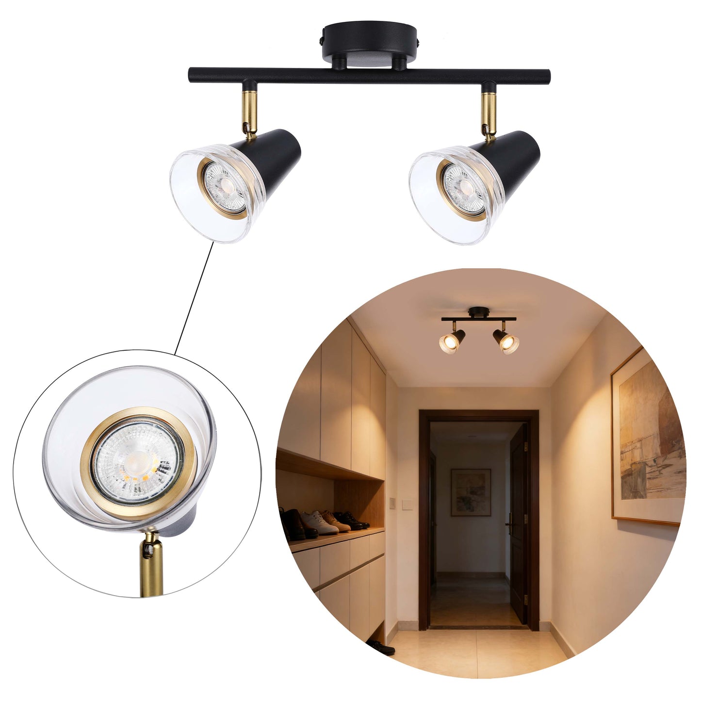 Modern Black & Brass Linear Spotlight Bar, GU10 Dimmable