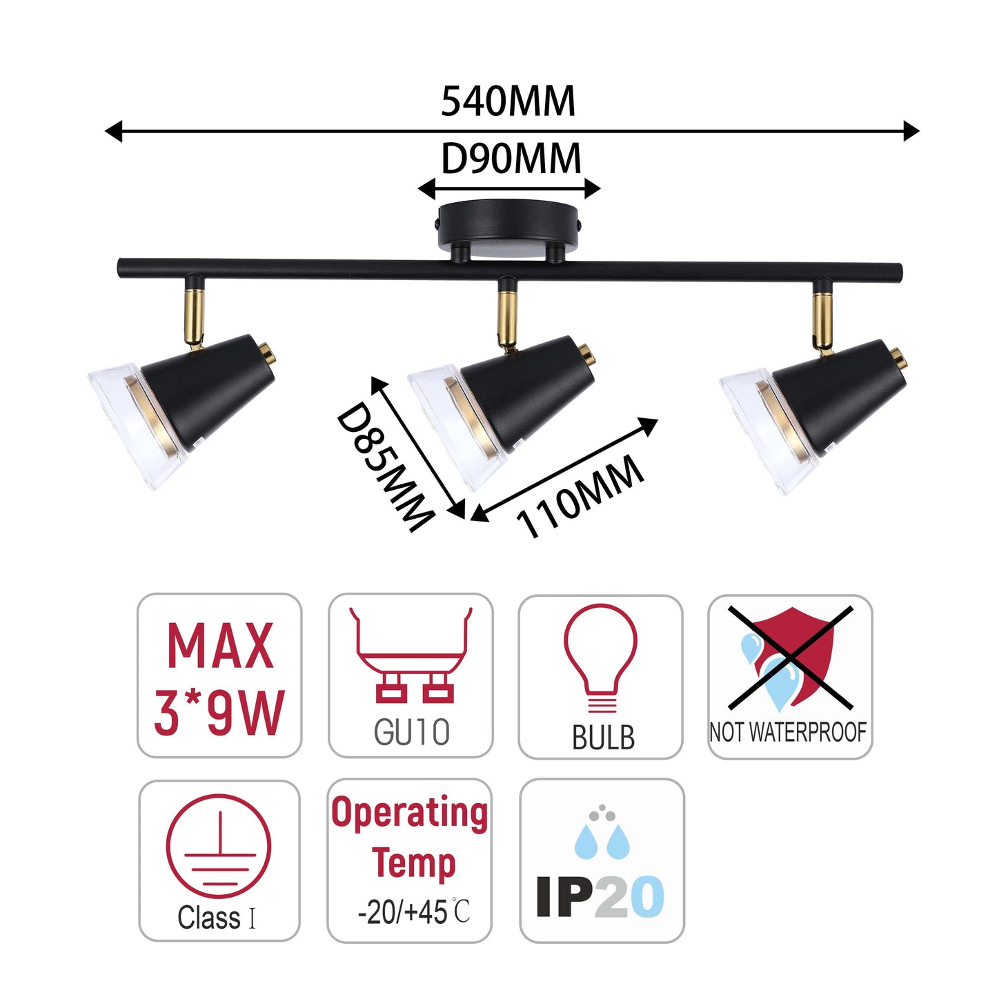 Modern Black & Brass Linear Spotlight Bar, GU10 Dimmable