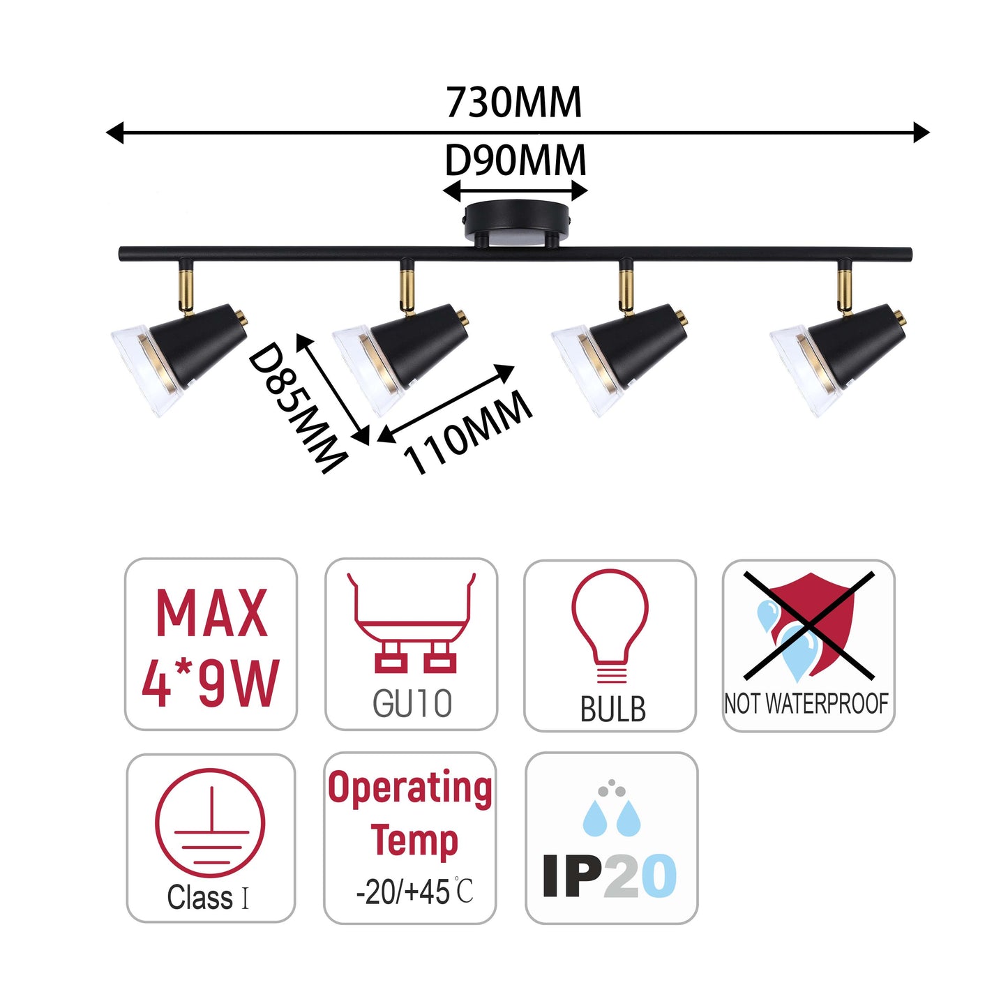 Modern Black & Brass Linear Spotlight Bar, GU10 Dimmable