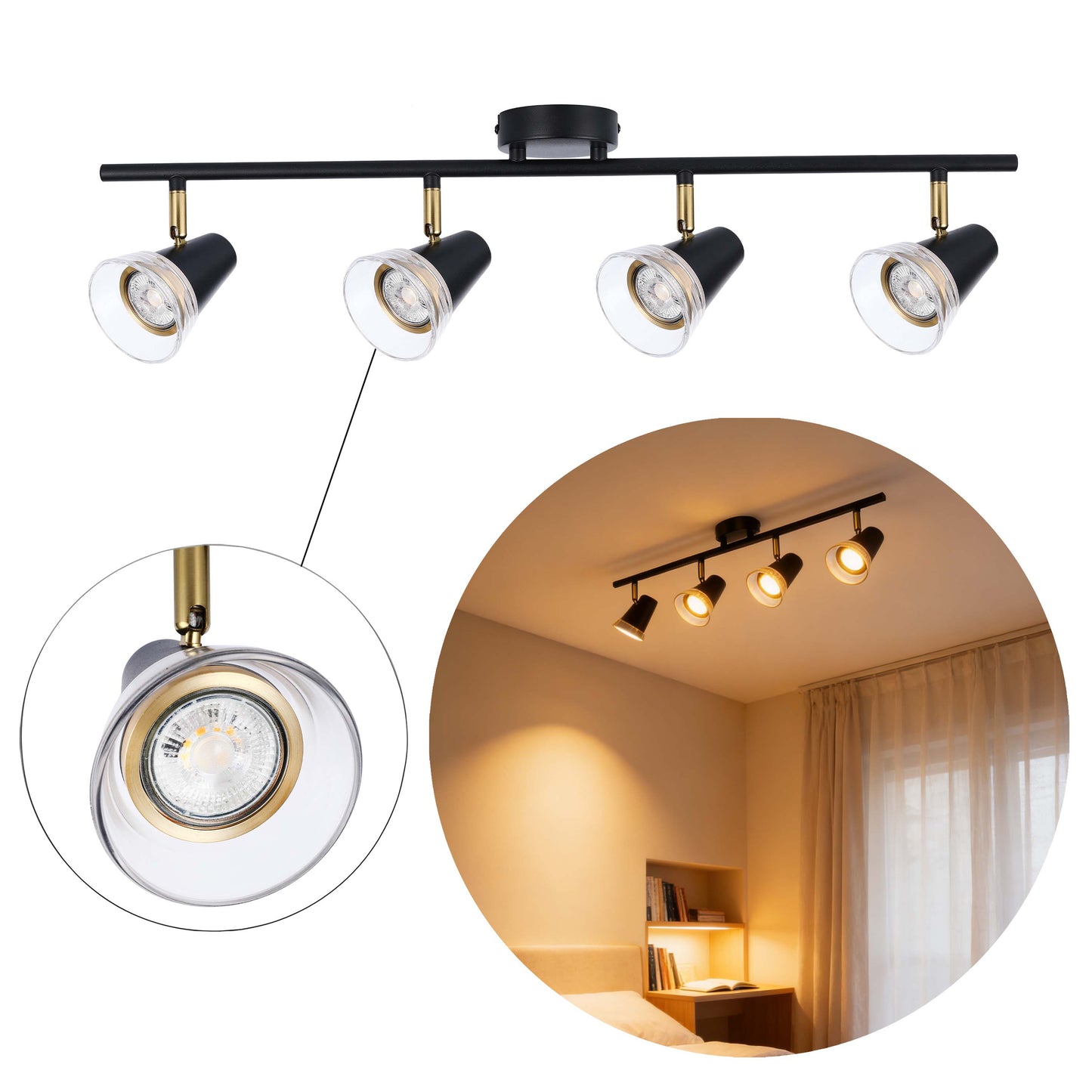 Modern Black & Brass Linear Spotlight Bar, GU10 Dimmable