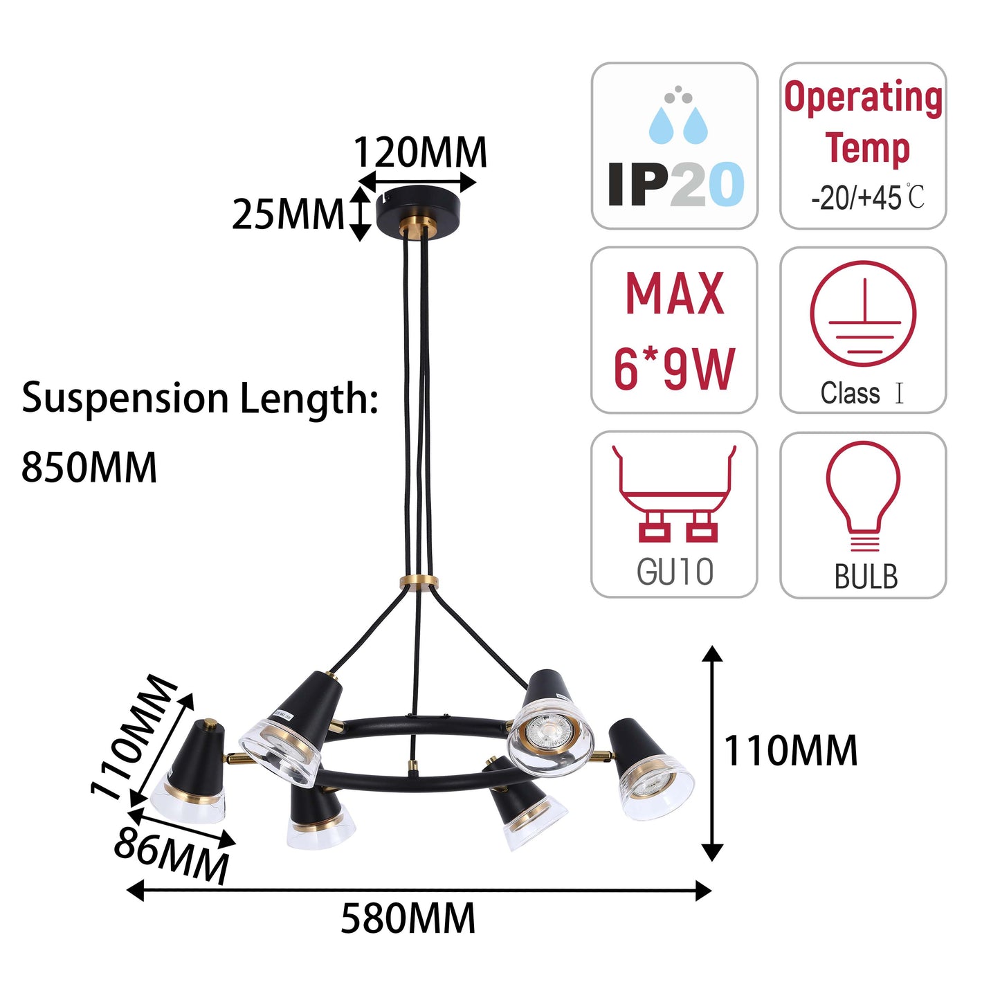 Modern Black & Brass Multi-Arm Spotlight, GU10 Dimmable