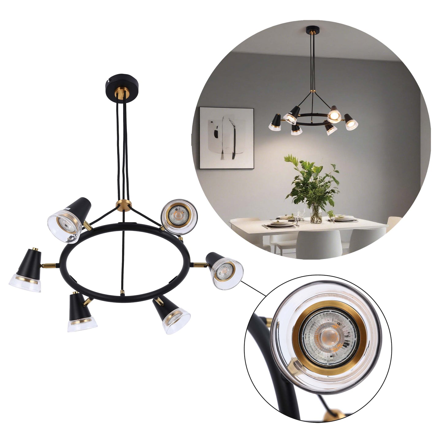 Modern Black & Brass Multi-Arm Spotlight, GU10 Dimmable
