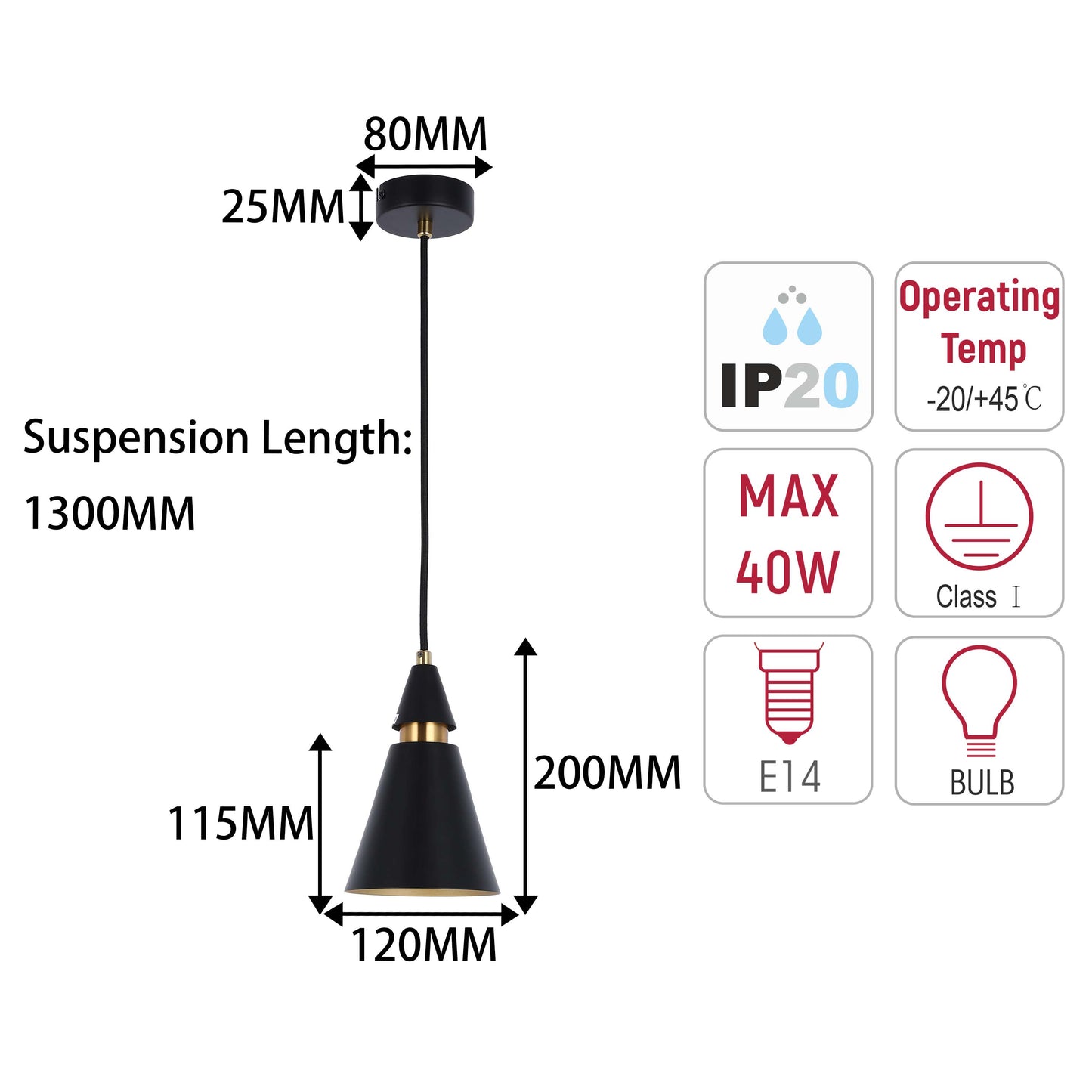 Modern Black & Gold Metal Cone Pendant Light, E14 Dimmable