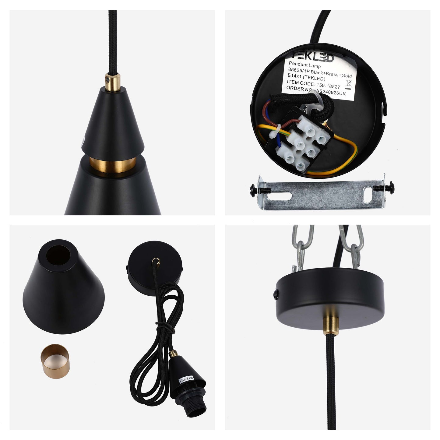 Modern Black & Gold Metal Cone Pendant Light, E14 Dimmable