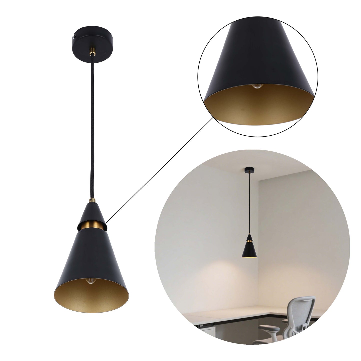 Modern Black & Gold Metal Cone Pendant Light, E14 Dimmable