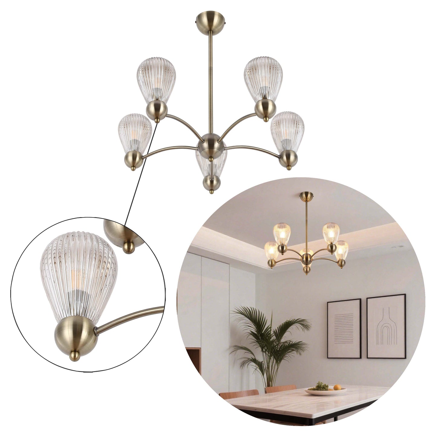 Antique Brass Modern Ceiling Light with Clear Glass Shades, 5 & 7-Light E14