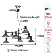 Modern Matte Black Disc Shade Pendant Light, 1 to 8-Light E14